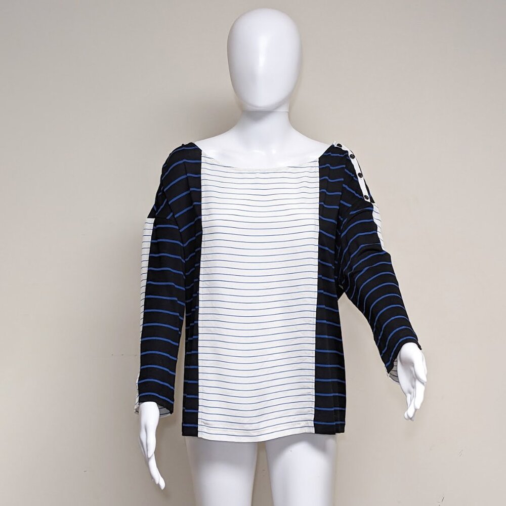 ST. JOHN Viscose/Spandex White & Navy Blue Striped Nautical Top